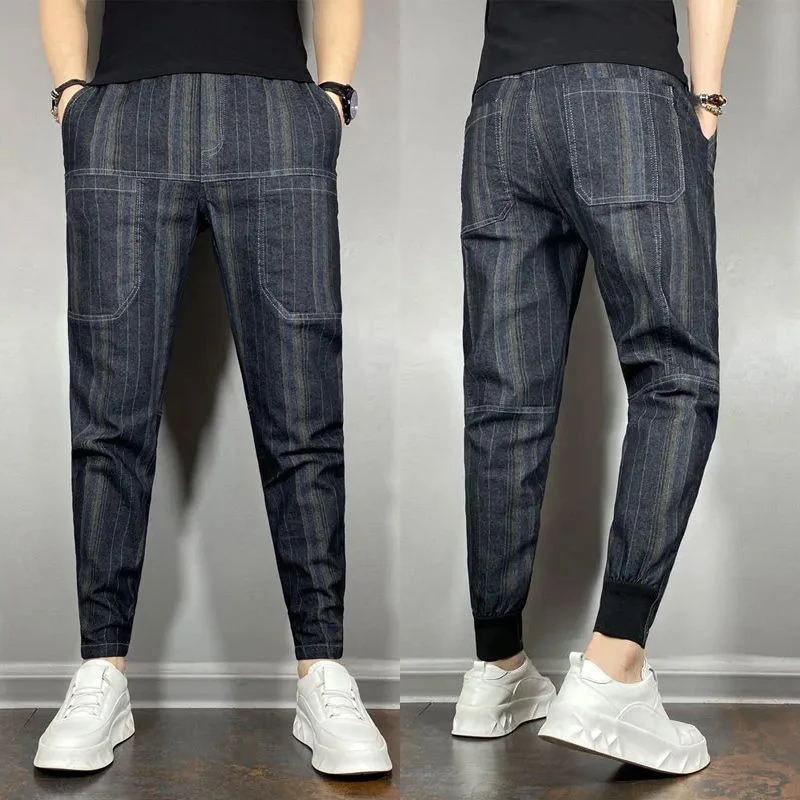 春季新款韩版条纹宽松六兜休闲裤男精神小伙裤子百搭束脚哈伦男裤