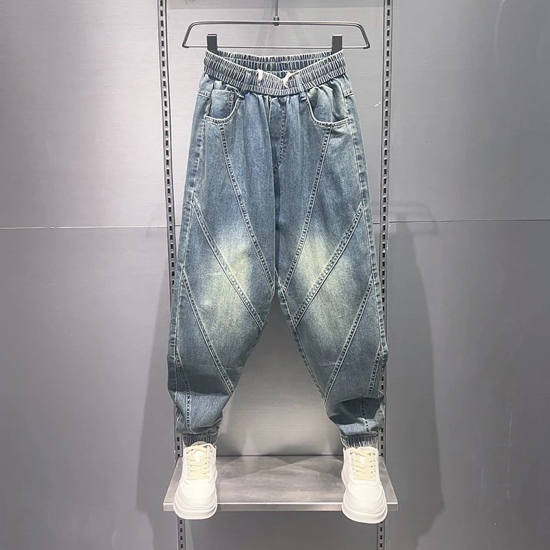秋季新款蓝色牛仔裤男款哈伦宽松束脚裤潮牌弹力百搭休闲裤潮流