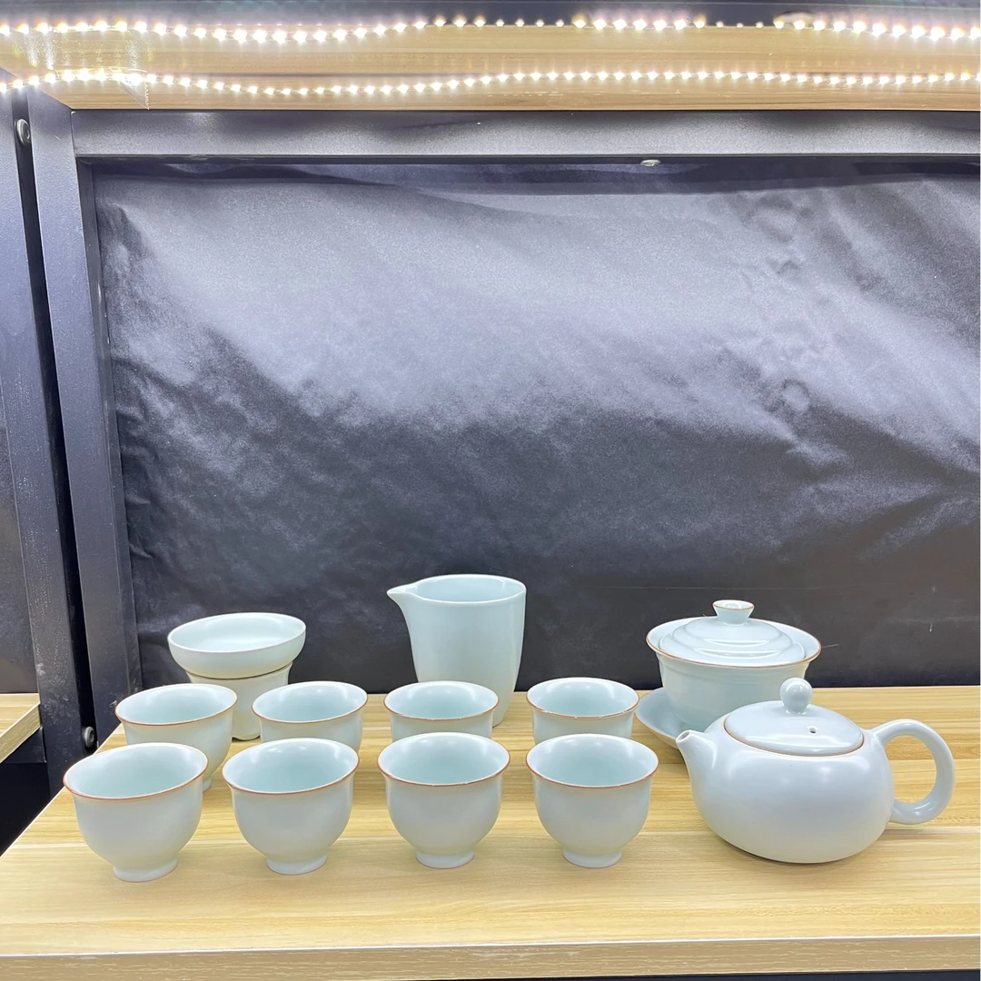 天青汝窑功夫茶具茶壶茶杯套装家用中式开片可养安全泡沫包装