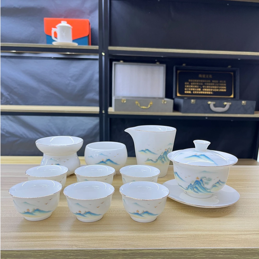 描金千里江山悬停盖碗羊脂玉德化白瓷功夫茶具套装办公室高端全套