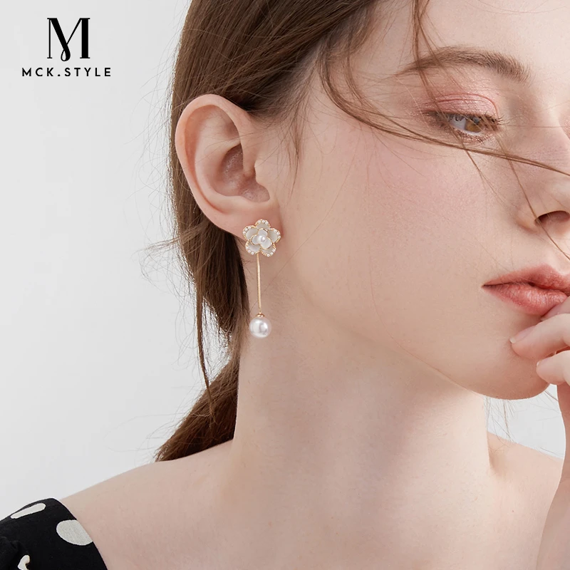 mck 合金仿珍珠耳饰 山茶花仿珍珠流苏耳环轻奢耳饰女ins花朵耳钉