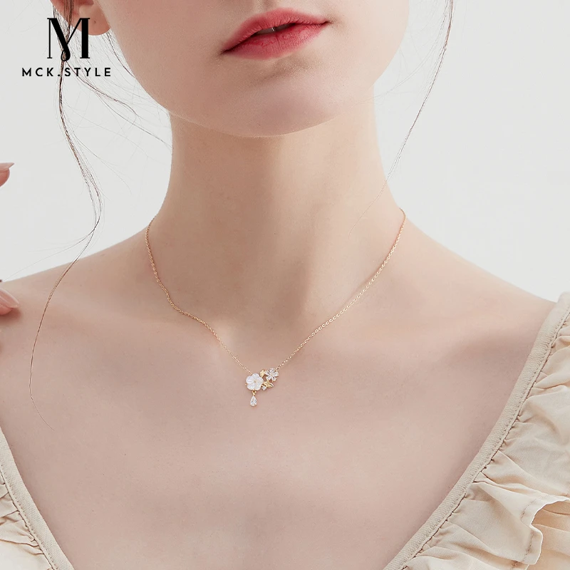 mck 坠链均925银合成锆石 法式小花项链女轻奢小众锁骨链时尚颈链