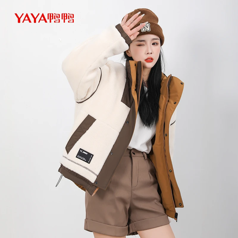 YAYA/鸭鸭2023年新款韩版拼色防寒保暖两面穿搭时尚中长款外套