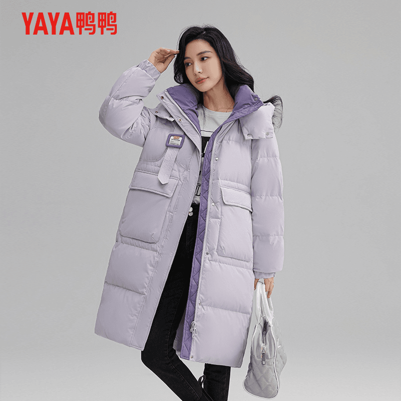 YAYA/鸭鸭羽绒服女中长款2023冬季新款时尚潮流百搭连帽外套女