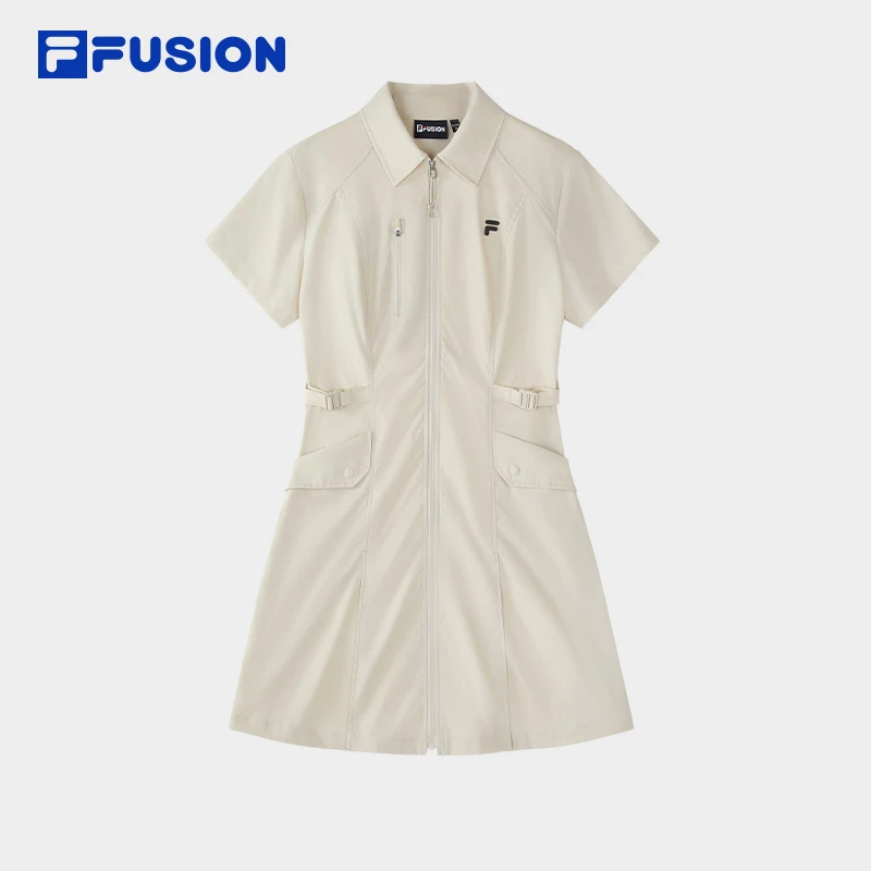 FILAFUSION斐乐潮牌女子梭织百搭2024秋季新款时尚翻领收腰裙连体