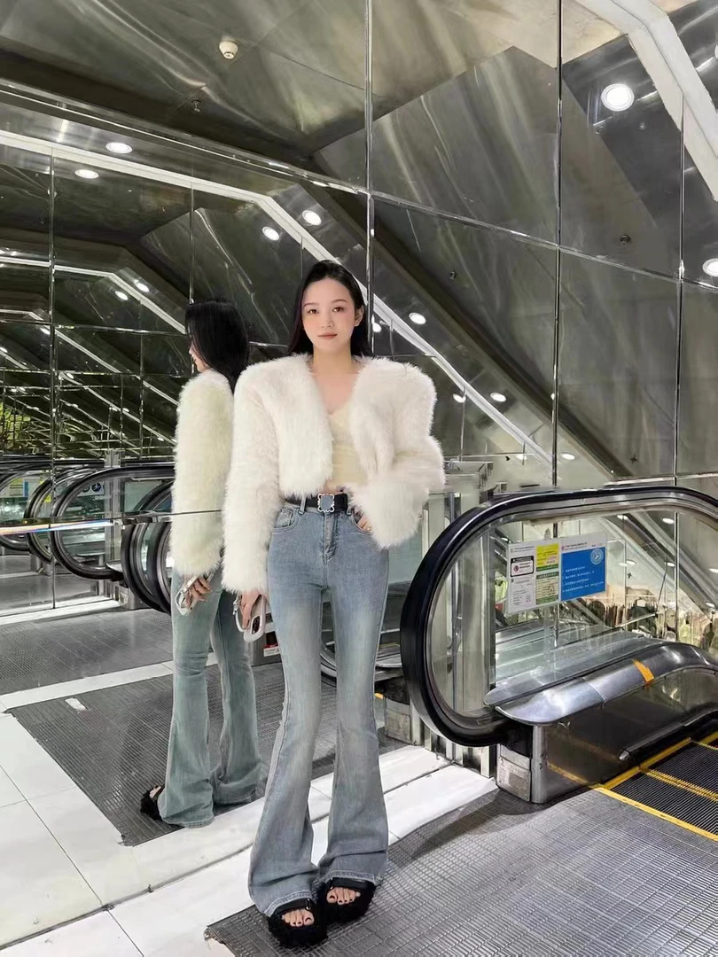 DL55073-【厚绒款】显瘦红色立体毛线标牛仔喇叭裤