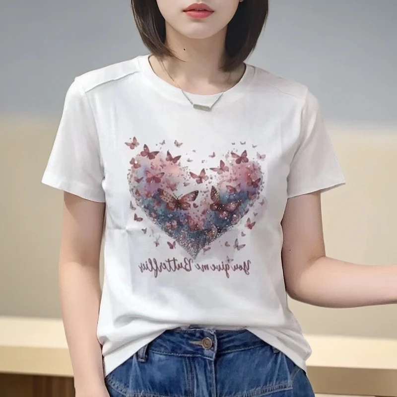 【印花款】2025新款女士时尚百搭半截袖夏季白色个性圆领短袖袖-T恤