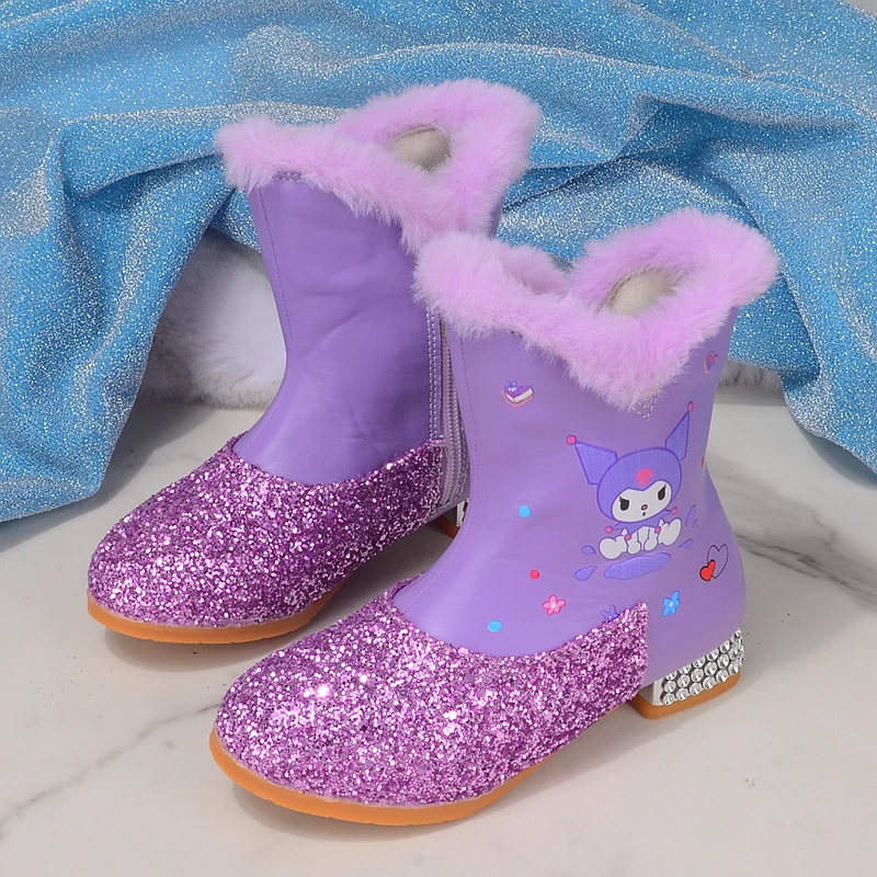 公主鞋女童紫色水晶靴库洛米小女孩加绒保暖中筒棉靴儿童高跟短靴