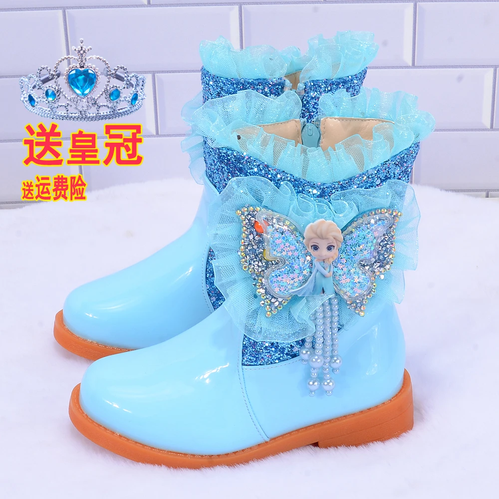 女童靴子加绒冰雪奇缘爱莎公主短靴洋气新款儿童雪地靴防滑公主靴