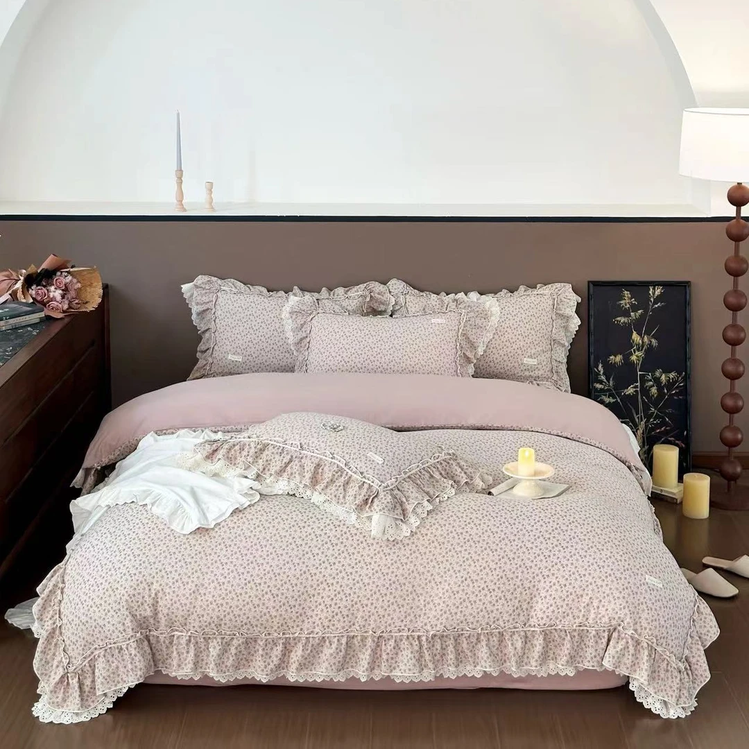 【艾薇拉】全棉双层纱双花边法式浪漫风四件套韩版印花轻奢床上用品