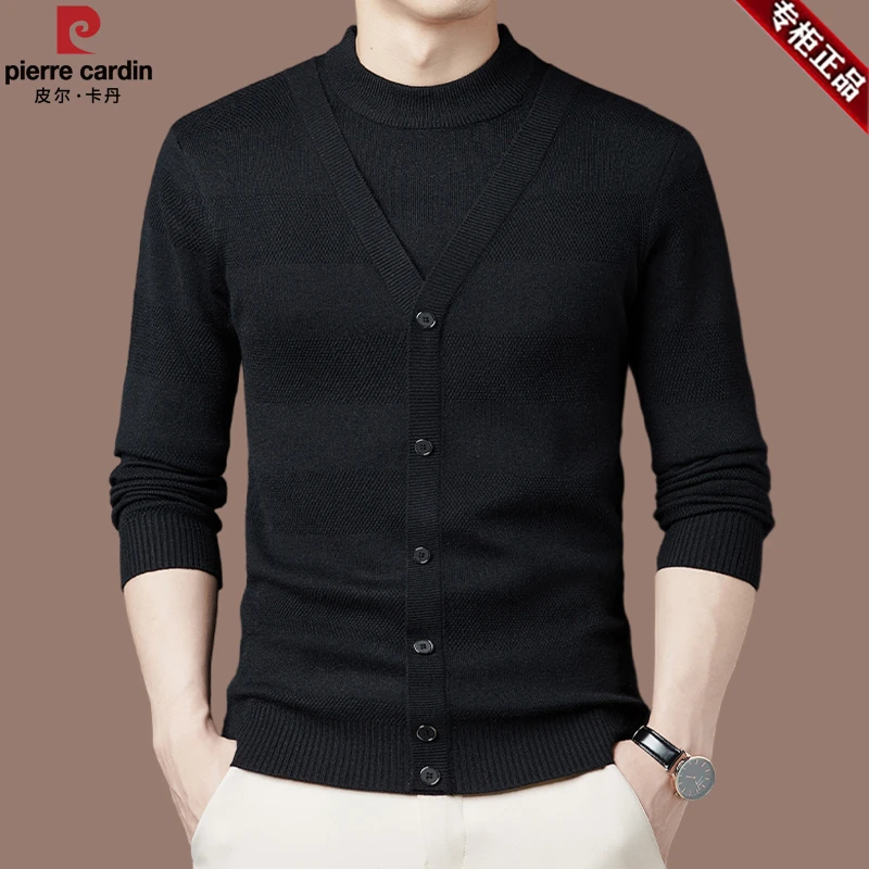 【皮尔卡丹国际大牌】羊毛衫男春秋新款假两件时尚纯色毛衣打底衫潮