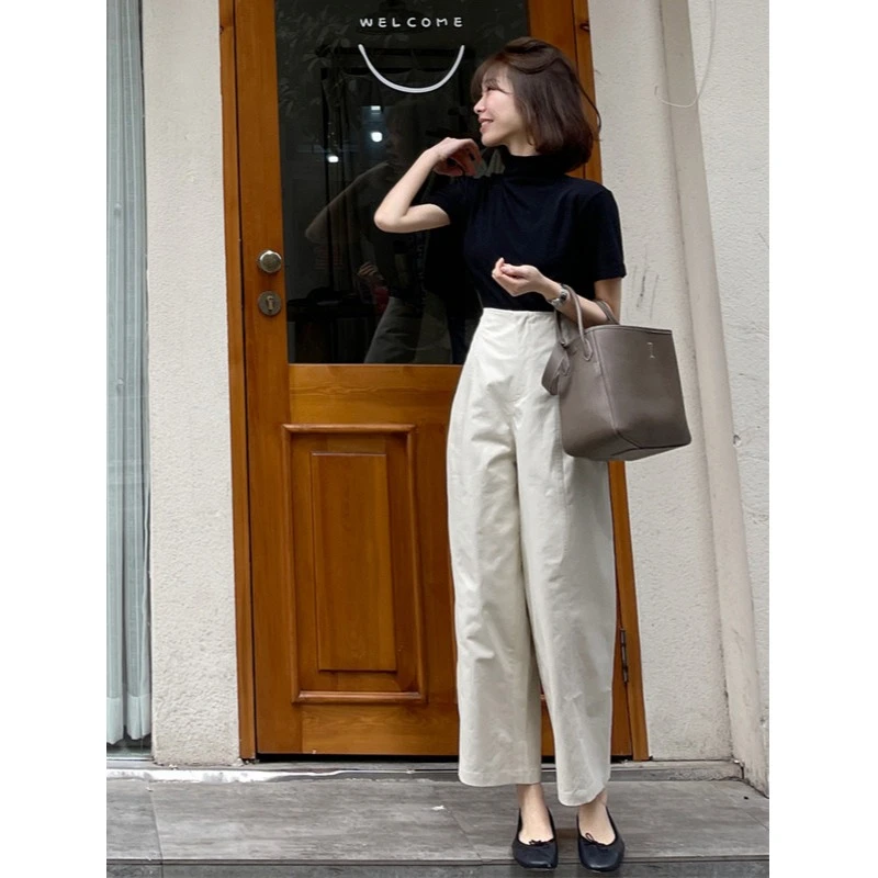 白色薄款窄版直筒休闲裤女夏季日系T恤高腰宽松坠感阔腿裤两件套