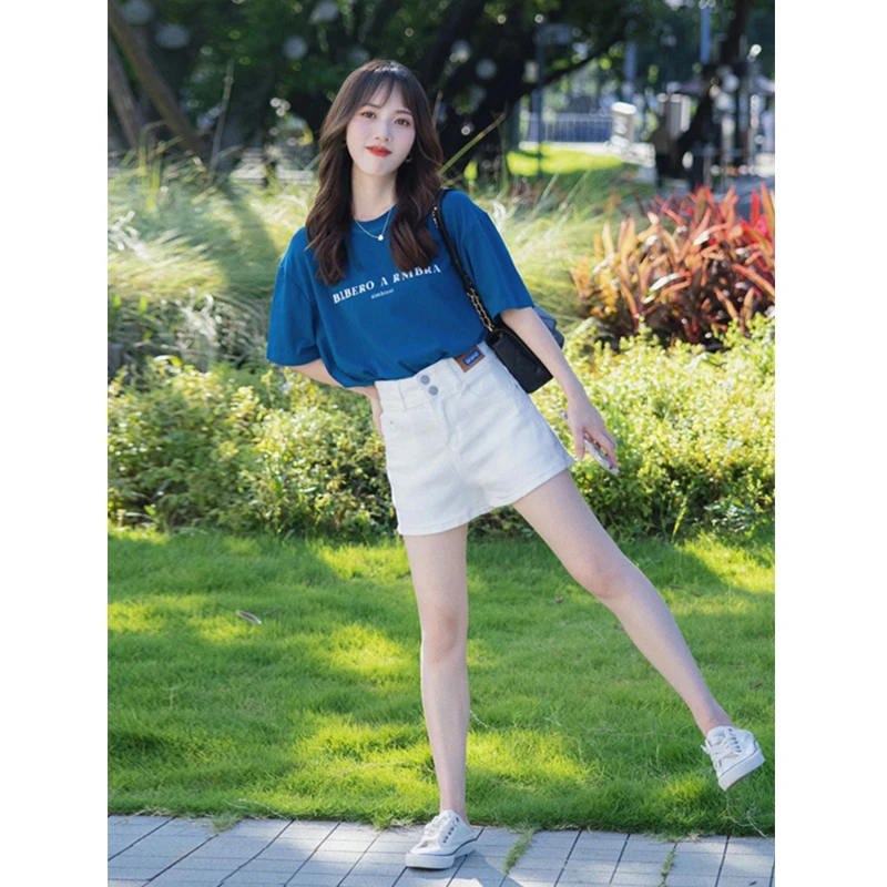 夏季蓝色短袖t恤女2024新款字母正肩宽松圆领上衣短裤两件套装女