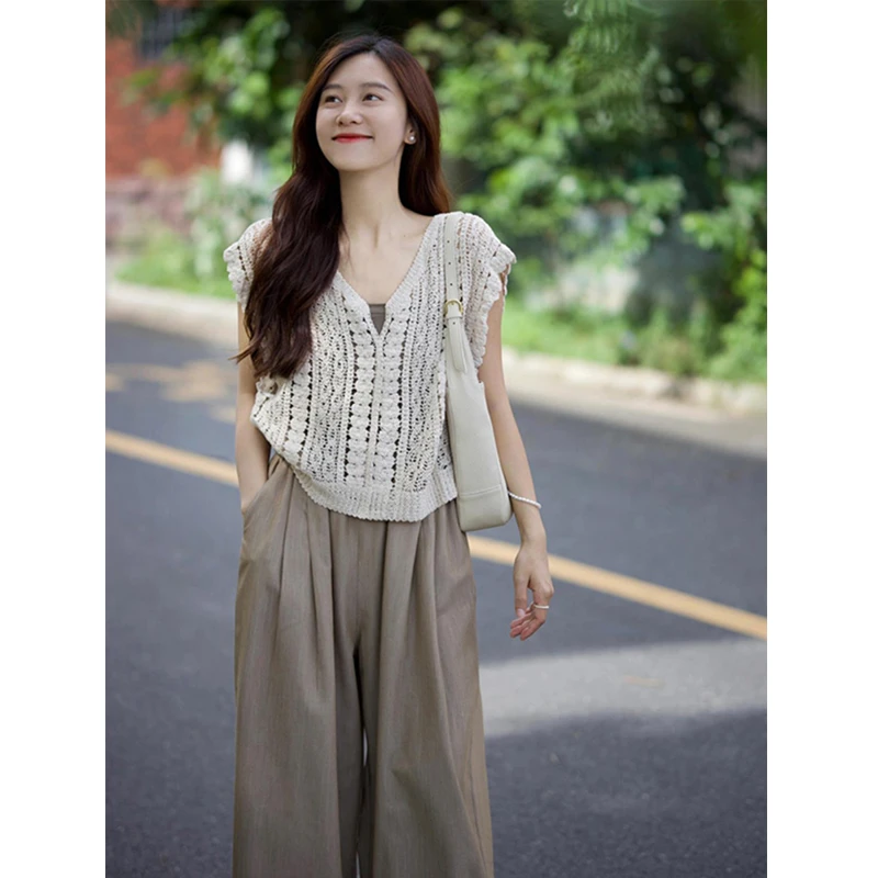 夏装2024新款茶系穿搭一整套微胖时尚港风高级感韩剧盐系三件套装
