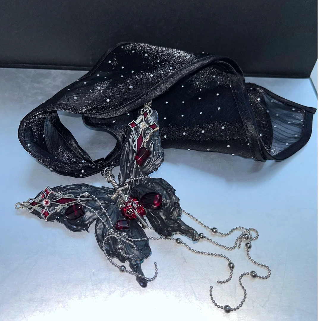 合金布艺项链 1463暗黑风蝴蝶流苏锁骨链蕾丝项圈轻奢个性气质