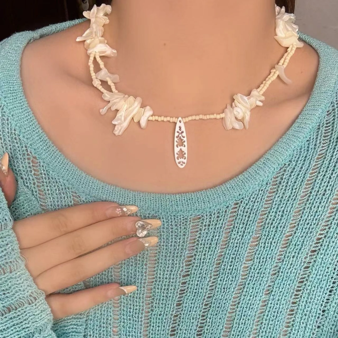 非金属亚克力项链 海边度假风天然贝贝小米珠串珠吊牌镂空项链