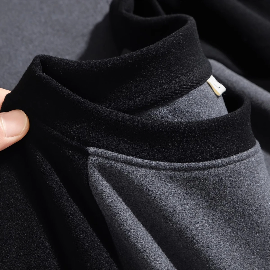 圆领打底衫男士秋冬宽松大码加厚纯色长袖T恤德绒拼接内搭上衣潮