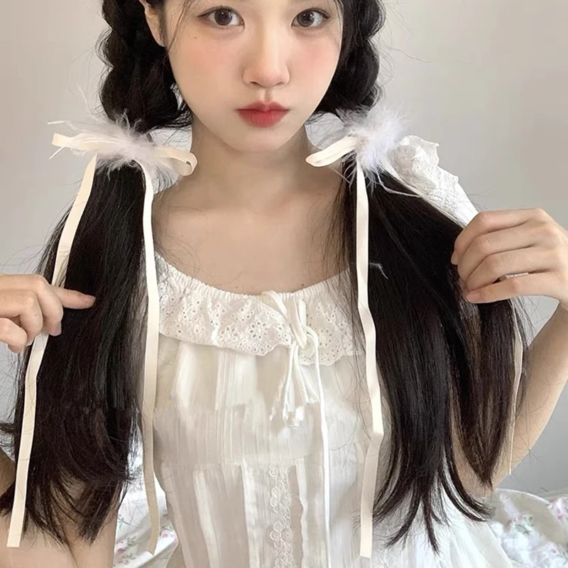 超仙粉色羽毛蝴蝶结发夹女可爱毛绒甜美丝带编发发饰设计感头饰品