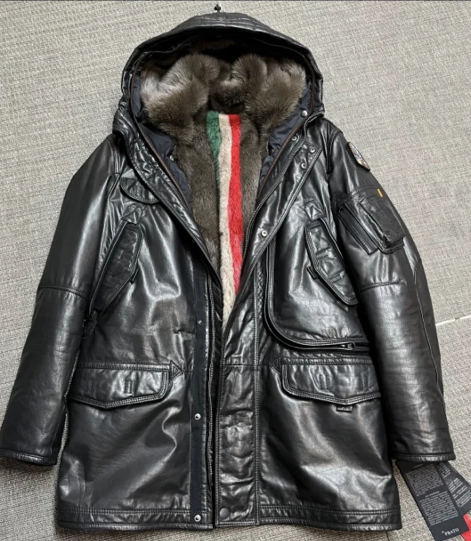 真皮皮衣牛皮户外登山派克服长款连帽休闲外套