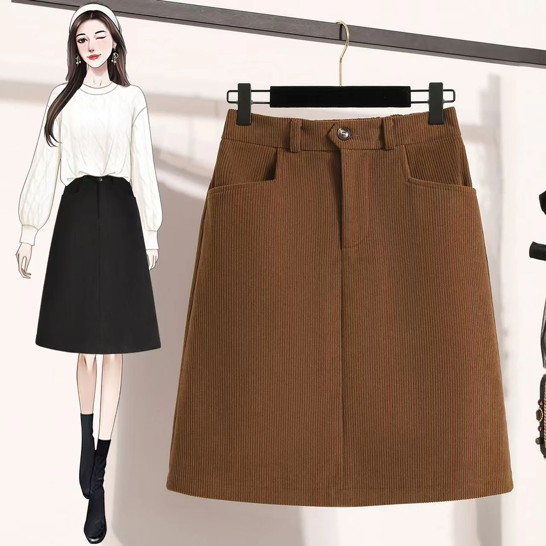 秋冬大码女高腰显瘦加厚休闲A字半身裙松紧腰