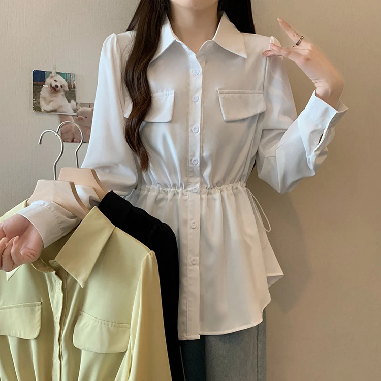 KL63489秋装新款胖mm大码女设计感抽褶收腰显瘦衬衫遮肚显瘦上衣