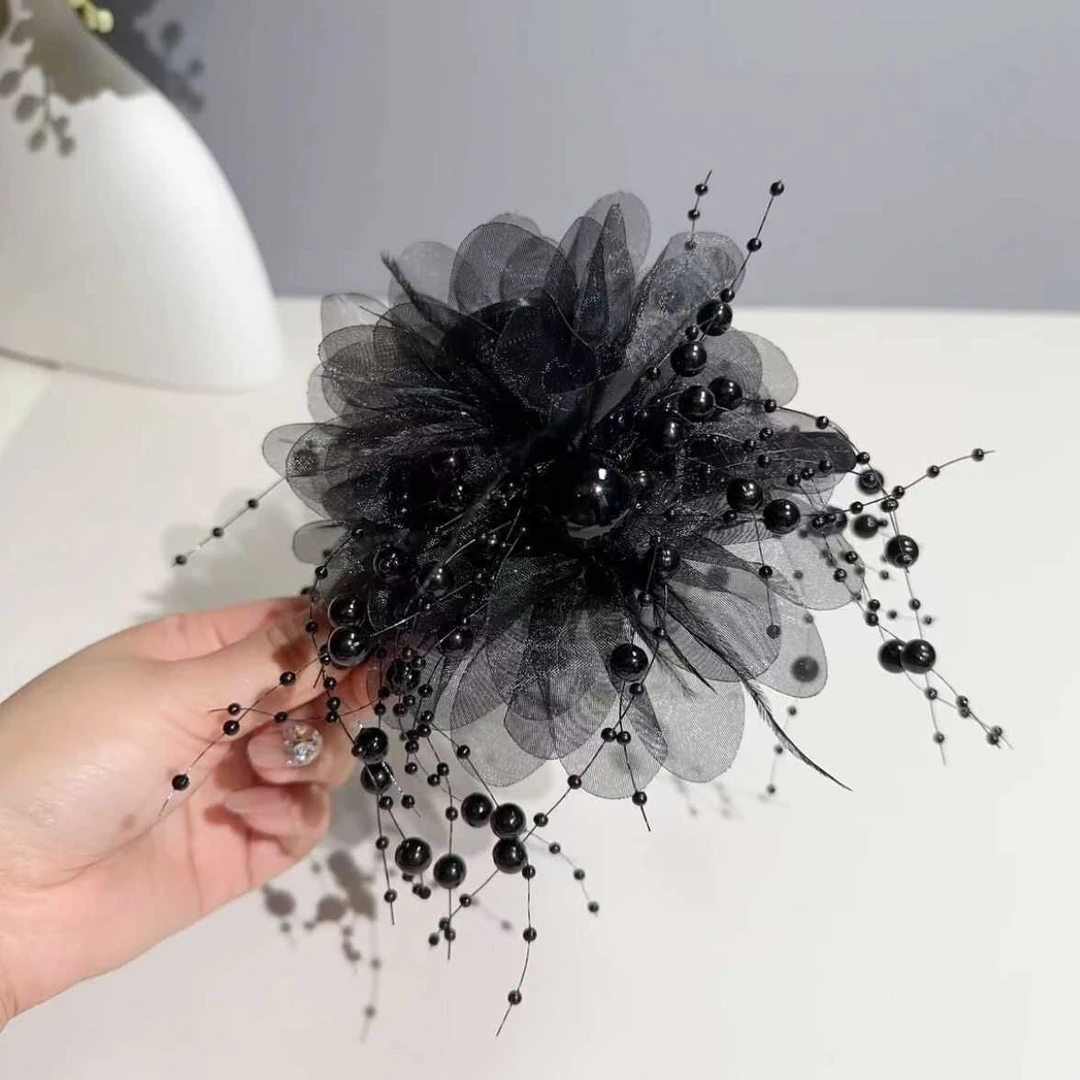牡丹花珠珠流苏抓夹2024新款蓬松发夹后脑勺显发量高颅顶鲨鱼夹