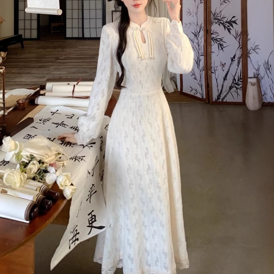 （里P）霞霞20247新中式秋冬大码内搭加厚蕾丝优雅气质连衣裙