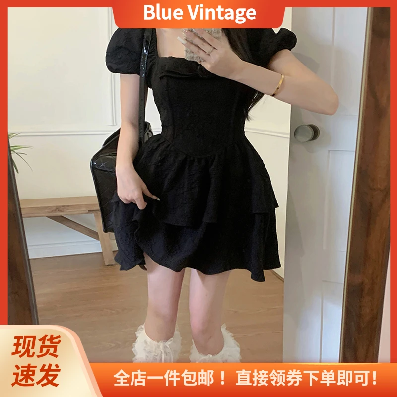 Blue Vintage小香风鱼骨小黑裙法式气质黑色裙子显瘦高档连衣裙女