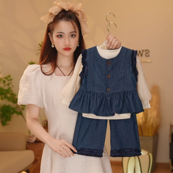 【Y.n1056】24新款女童复古牛仔蓝马甲洋气打底衫时尚阔腿裤三件套