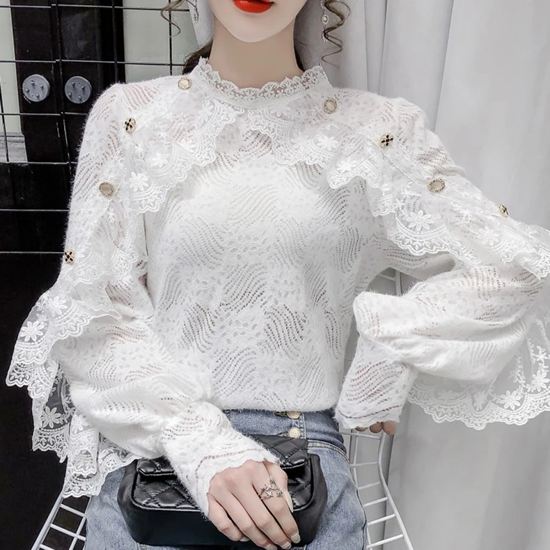 女装小衫女款爆款2023新款正品蕾丝内搭打底衫鱼骨网纱衫蕾丝上衣