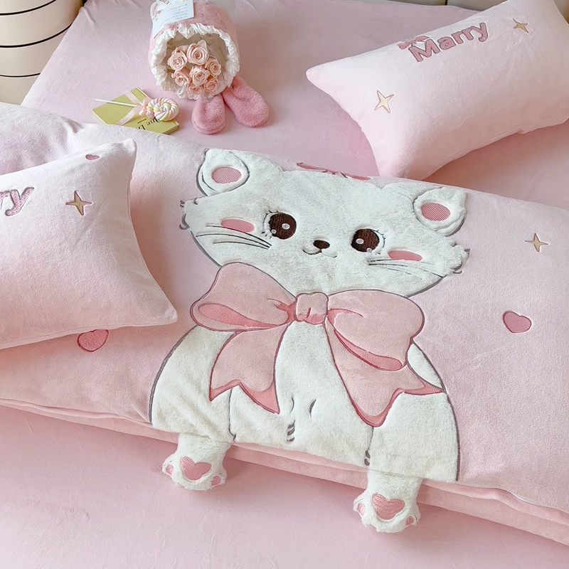 玛丽-2024新款卡通公主风女孩可爱牛奶绒毛绒贴布绣花保暖四件套