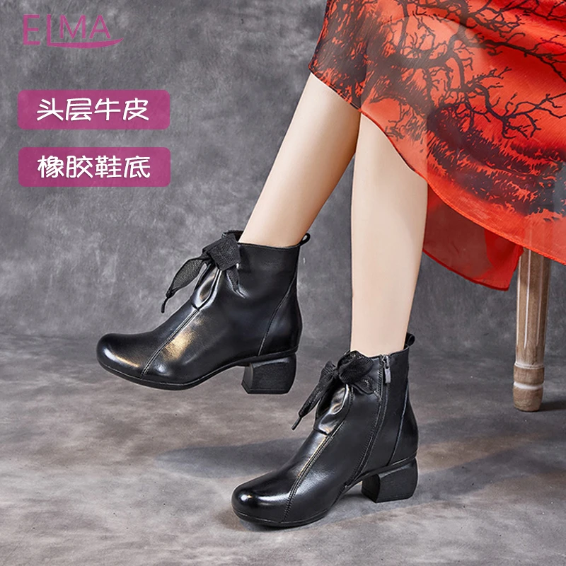 棉鞋头层牛皮粗跟复古女鞋2022新款冬季加绒保暖软底妈妈防水短靴