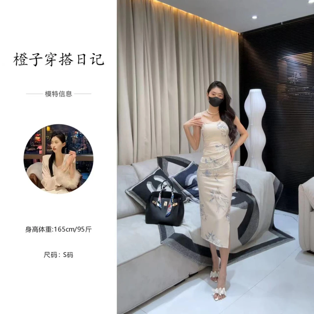 印花修身收腰小众连衣裙开叉显瘦气质高腰时尚性感夏季
