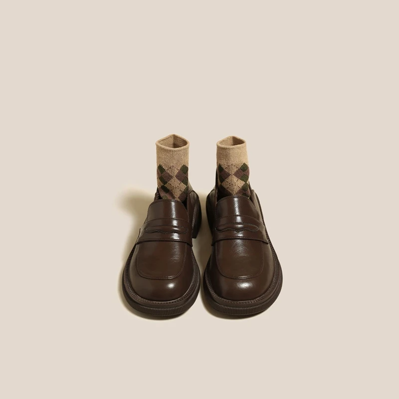 棕色乐福鞋女复古单鞋英伦风平底鞋咖色小皮鞋黑色一脚蹬百搭鞋子