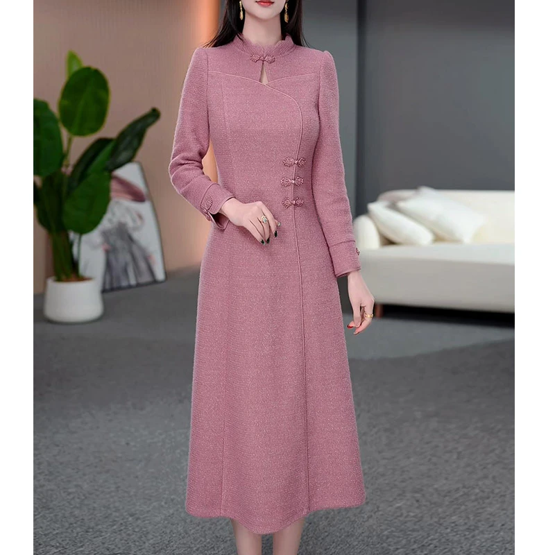 DBF-24B680AL 新款轻奢高贵复古旗袍洋气优雅气质加厚连衣裙M-5XL