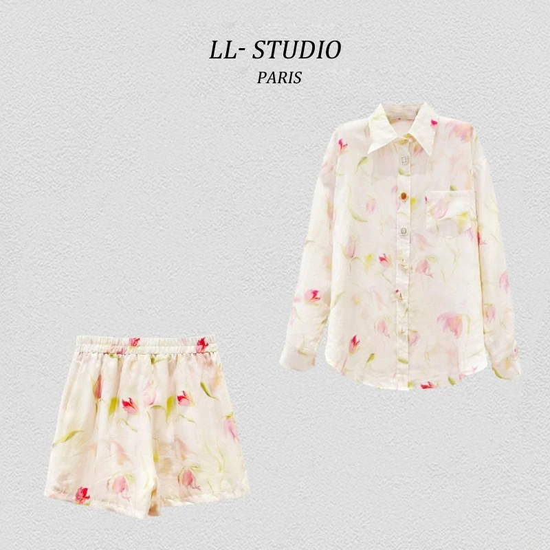 7妙兮LL 新款长袖碎花透气舒适女士上衣+短裤#20240496