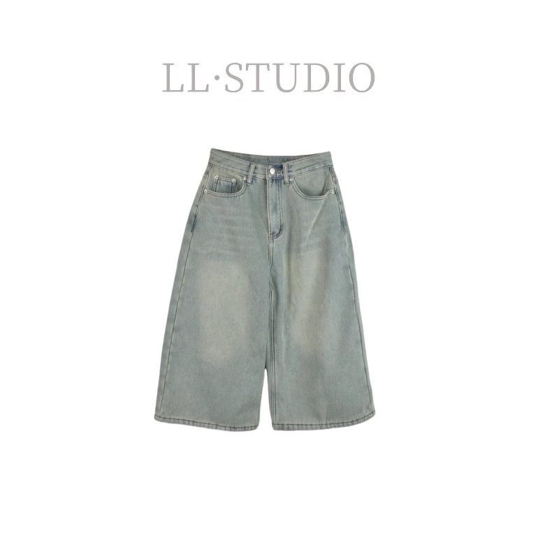 妙兮·LL时尚百搭气质牛仔七分裤复古宽松阔腿裤*20242188