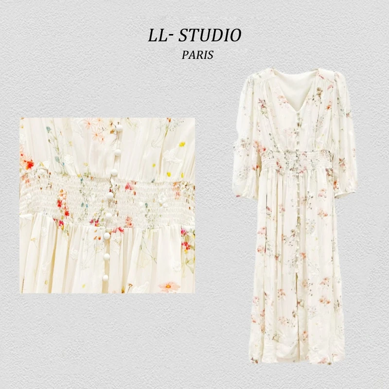 7妙兮LL 新款时尚法式收腰显瘦舒适刺绣女士连衣裙#20240479