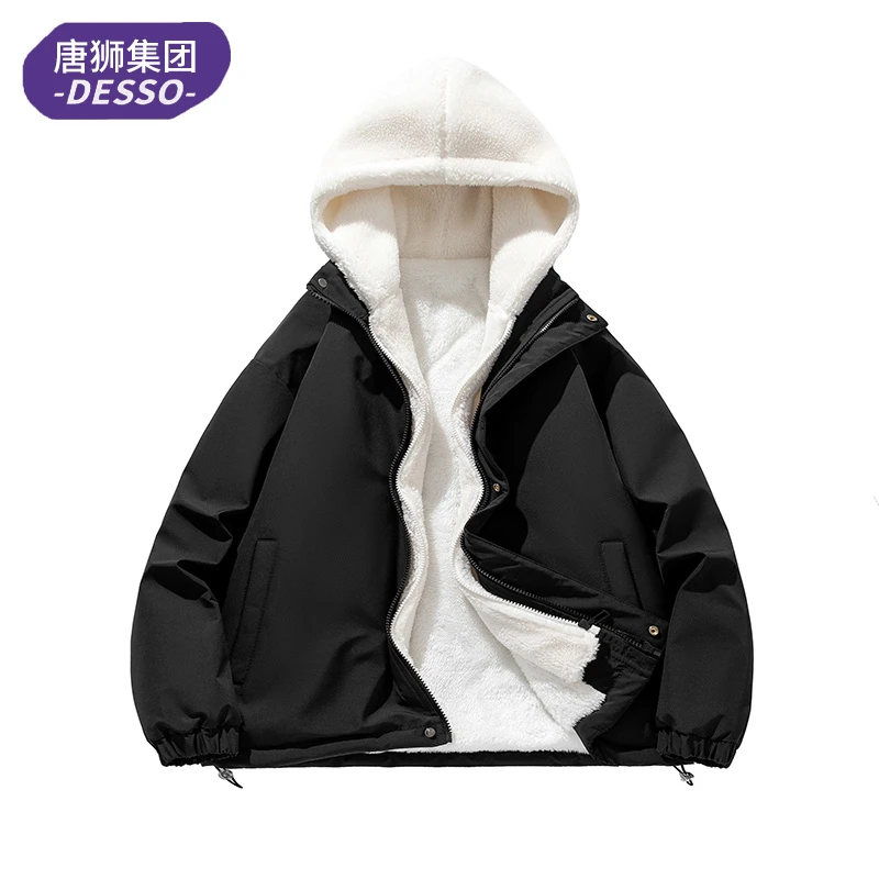 唐獅集团DESSO 羊羔绒棉袄宽松连帽加绒加厚保暖韩版棉服冬季外套