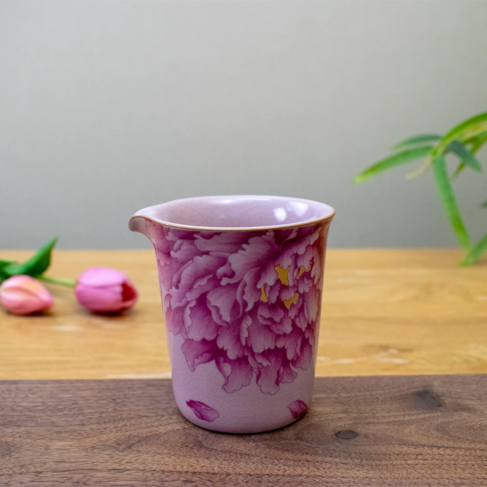 领丰 粉汝瓷牡丹花公道杯陶瓷精美釉下彩茶海开片养线女士分茶器