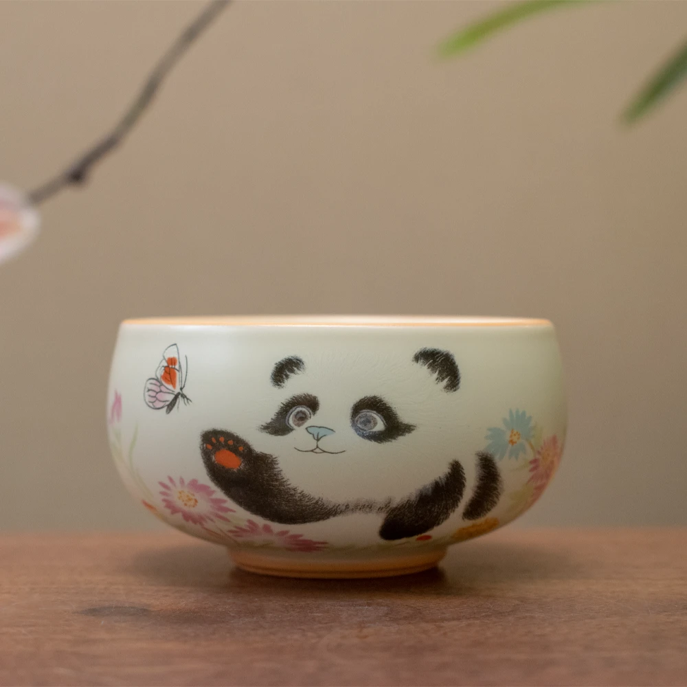 领丰 米黄熊猫禅定杯陶瓷釉下彩可爱主人杯功夫茶具品茗杯个人杯