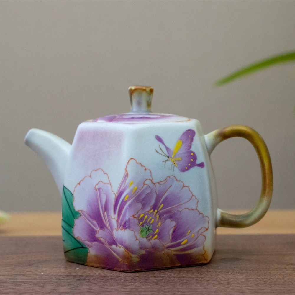 领丰 李辉熠富贵紫牡丹柴烧手绘复古六方壶家用陶瓷功夫泡茶茶壶