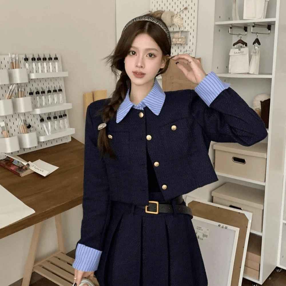 2024年~早秋新款长袖单排拼接衬衣短外套+百褶半身裙裙时尚两件套