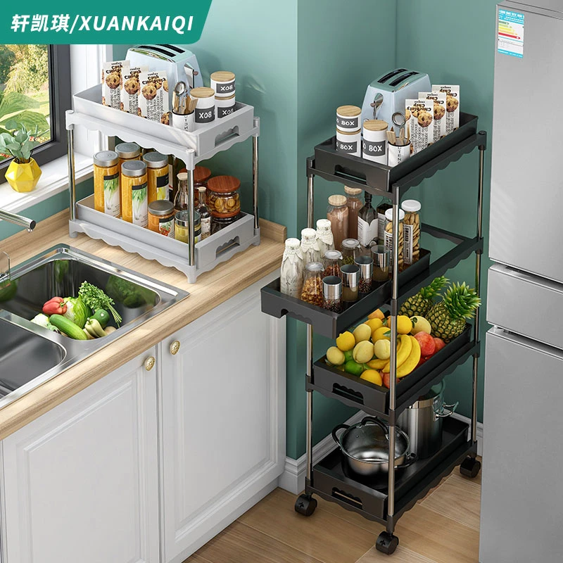 厨房置物架落地多层可移动家用小推车菜篮子收纳多功能零食收纳架