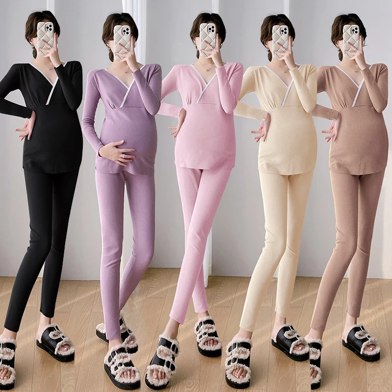 秋冬季孕妇装秋冬新款德绒热月子服双面绒打底内衣哺乳套装怀孕期