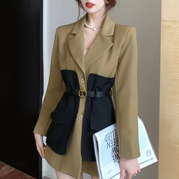 微胖高级感撞色拼接西装外套春秋新款气质英伦风收腰显瘦时尚西服