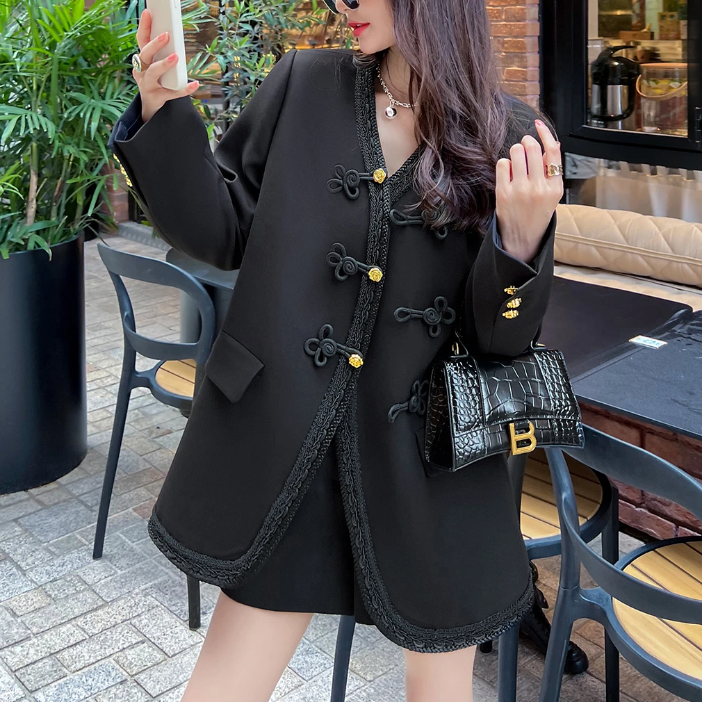 新中式复古盘扣西装外套女2024年春秋新款宽松设计感气质通勤西服