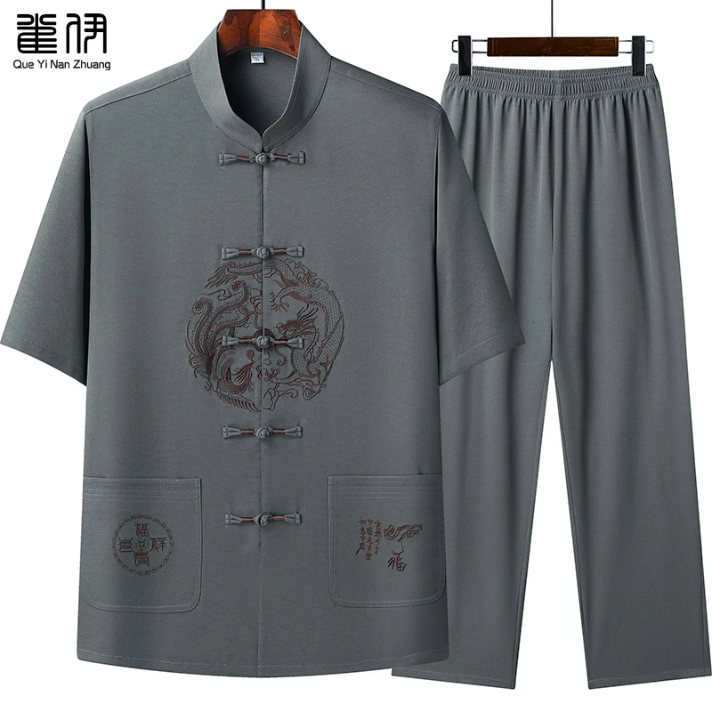 爸爸夏装短袖薄款套装中老年男士休闲中国风衬衫爷爷老人中式衬衣