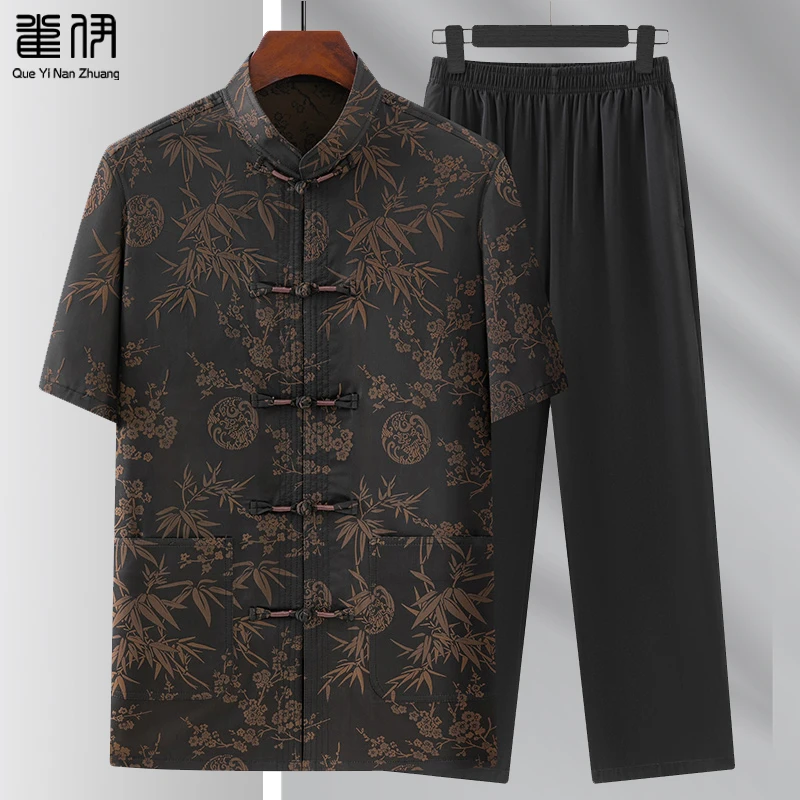 中老年人男士夏装短袖中国风爸爸休闲唐装爷爷夏季新中式上衣薄款