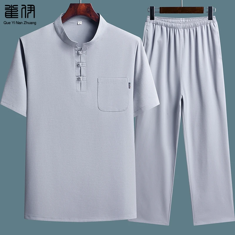 中老年男士夏季短袖唐装中国风爸爸装立领休闲两件套爷爷T恤夏装